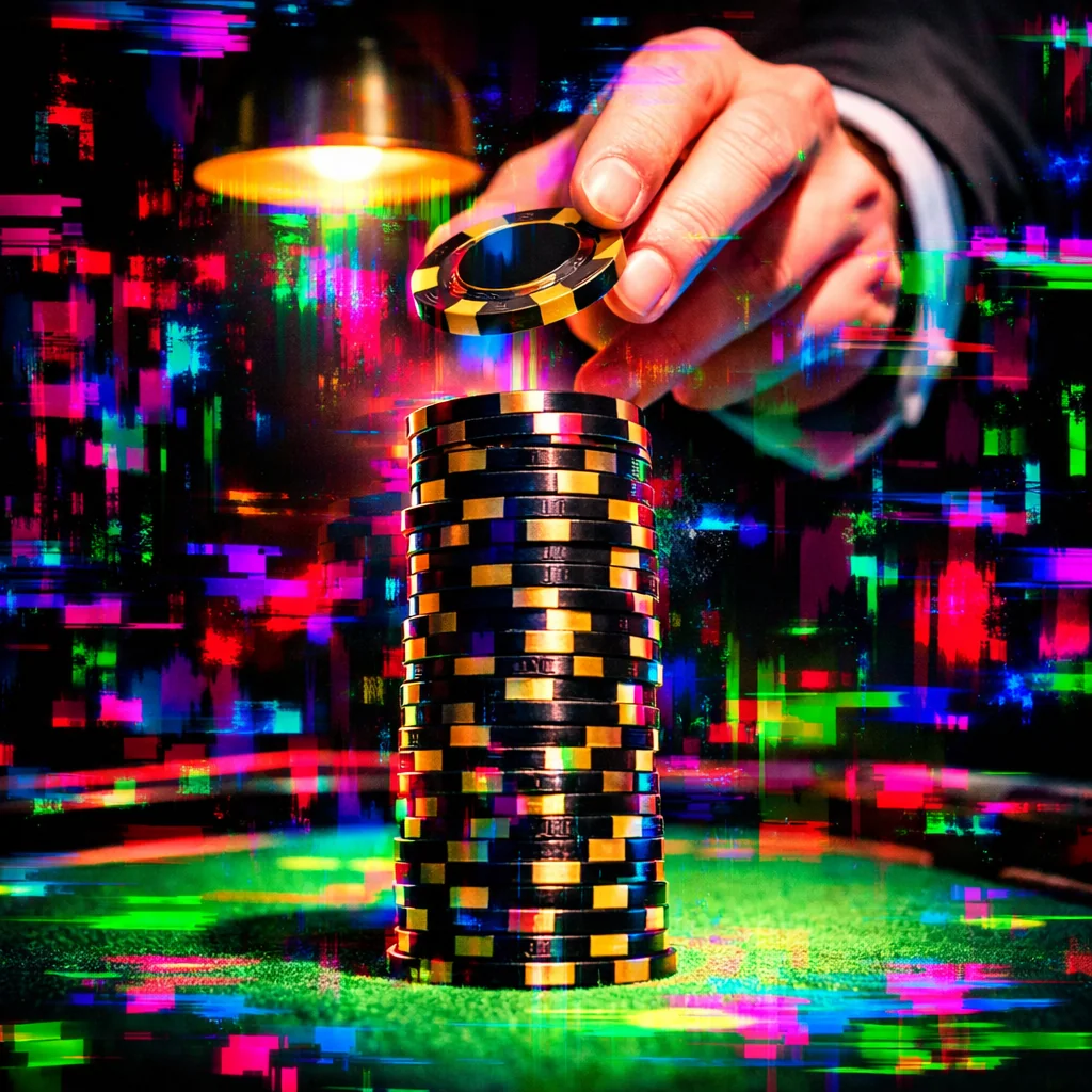 Close-up van gestapelde casinofiches in neonlicht