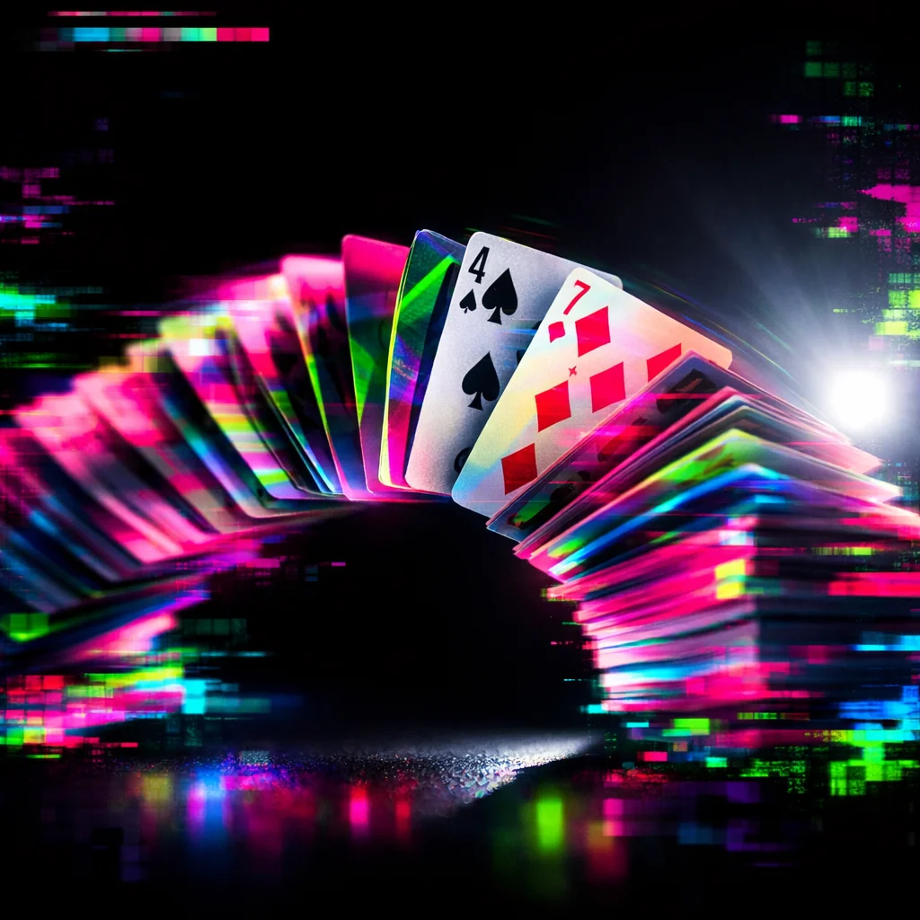 Waaier van speelkaarten op een neonroze en blauwe casinotafel